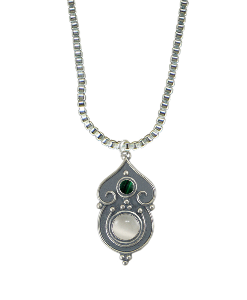 Sterling Silver Necklace White Moonstone And Malachite